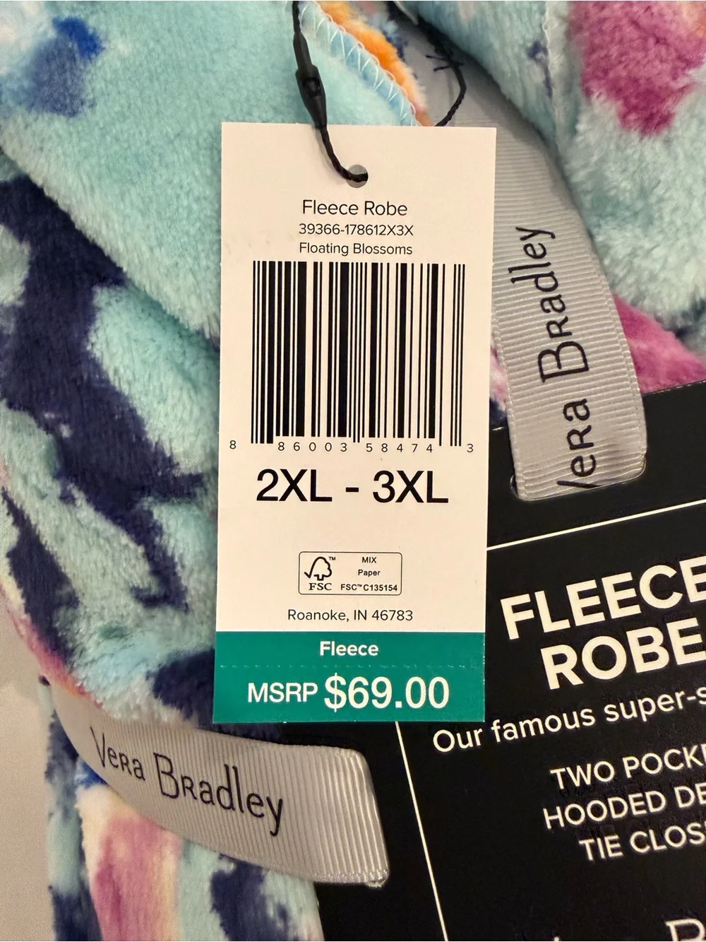Vera Bradley Aqua Multi Floral Fleece Robe